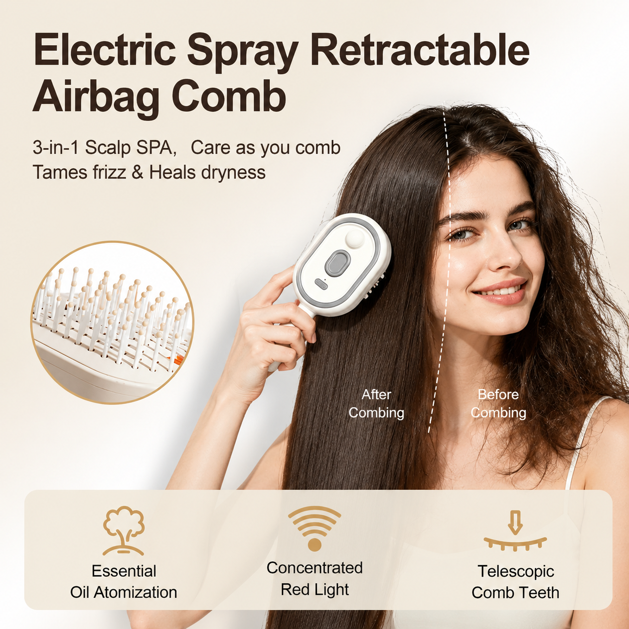 3-in-1 Electric Mist Detangling Brush for Frizz & Scalp Massage