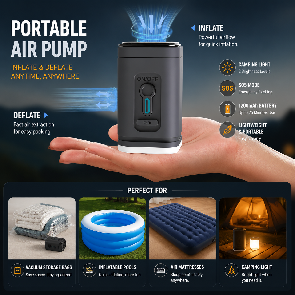 Tiny Electric air Pump for Inflatables Camping Light, Portable Rechargeable Mini Pump with 1200mAh Battery for Air Mattress Beds, Swimming Ring, Pool Floats/Toys