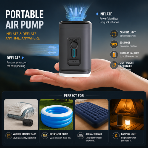 Tiny Electric air Pump for Inflatables Camping Light, Portable Rechargeable Mini Pump with 1200mAh Battery for Air Mattress Beds, Swimming Ring, Pool Floats/Toys