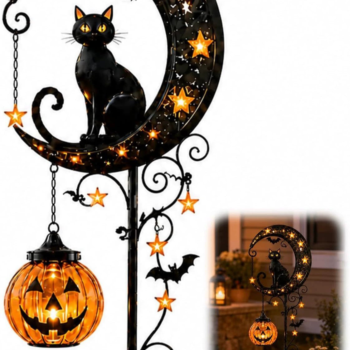 🔥Last Chance Before They're Gone! Solar Halloween Black Cat Moon Garden Stake Light 🎃🐈‍⬛🌙